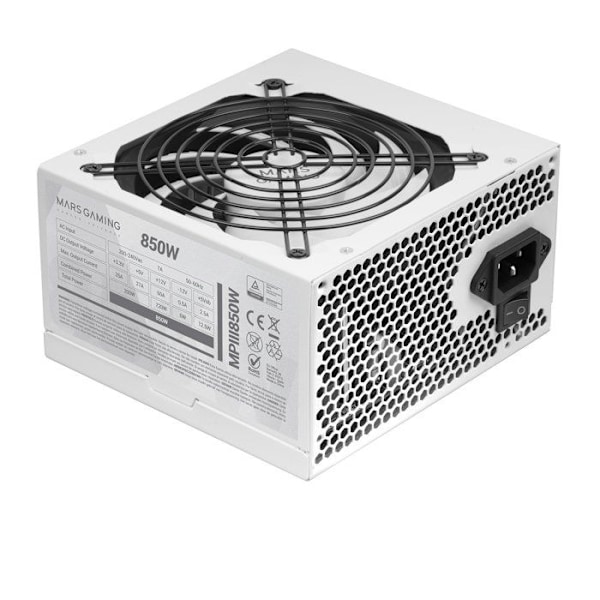 Mars Gaming MPIII850, 850W ATX pc-strømforsyning, 5 års garanti, AI-RPM Silent Technology, 85 % effektivitet, hvid