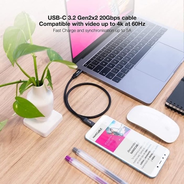 Nanocable Câble NANOCABLE USB 3.2 Gen2x2 USB-C-M-USB-C-M, Sort, 0,5 m, 20 Gbps 5A-100W 4K-60Hz