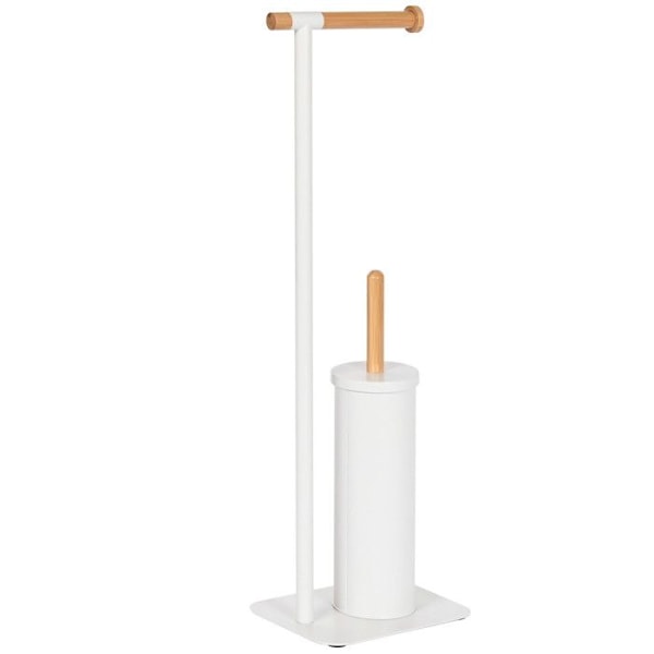 Valkoinen metallinen wc-paperiteline + wc-harja bambusta