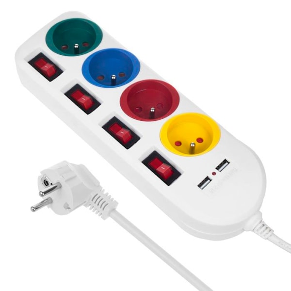 Maclean MCE229 W sähkötulo monipistorasia, 4 pistoketta + 2xUSB, kytkimillä, 250VAC-10A, 2,1A 5V, 1,5m, valkoinen