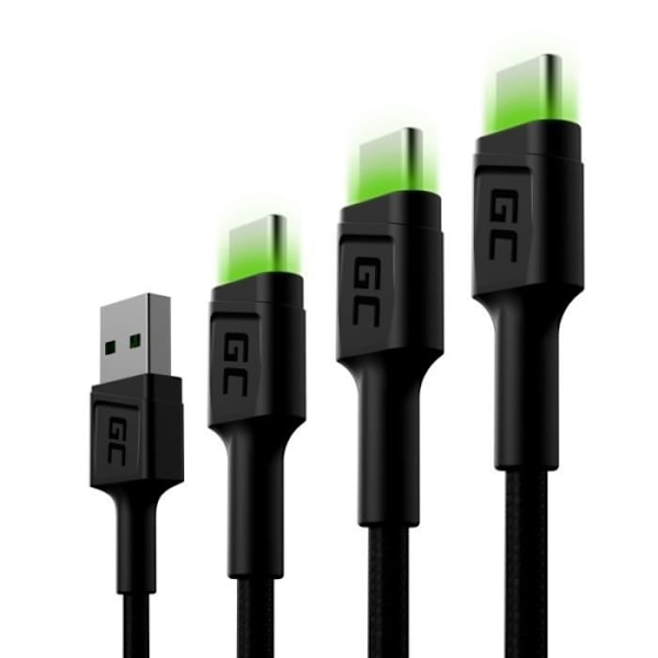 Sæt 3x Câble USB Green Cell GC Ray - USB-C 30cm, 120cm, 200cm, grøn LED, hurtig opladning Ultra Charge, QC 3.0