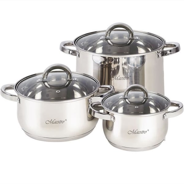 Induktionskastrullset i rostfritt stål 6 delar 3 lock av härdat glas Maestro MR-2120-6L Silver 59109