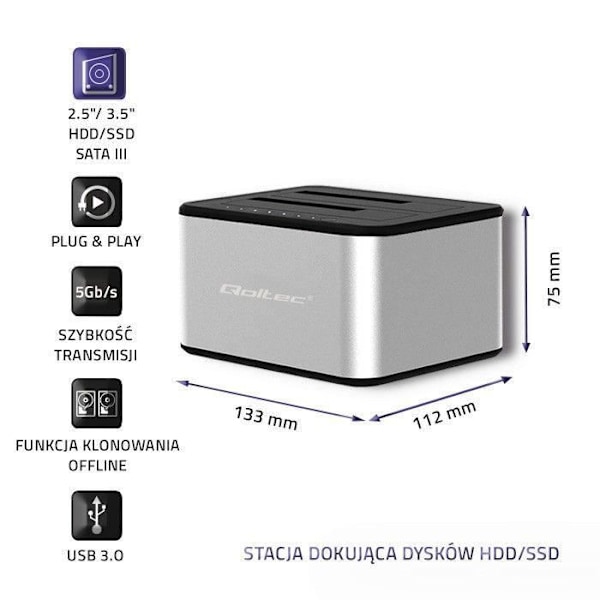 Qoltec Telakointiasema 2xHDD/SSD, USB 3.0 - 5901878503165