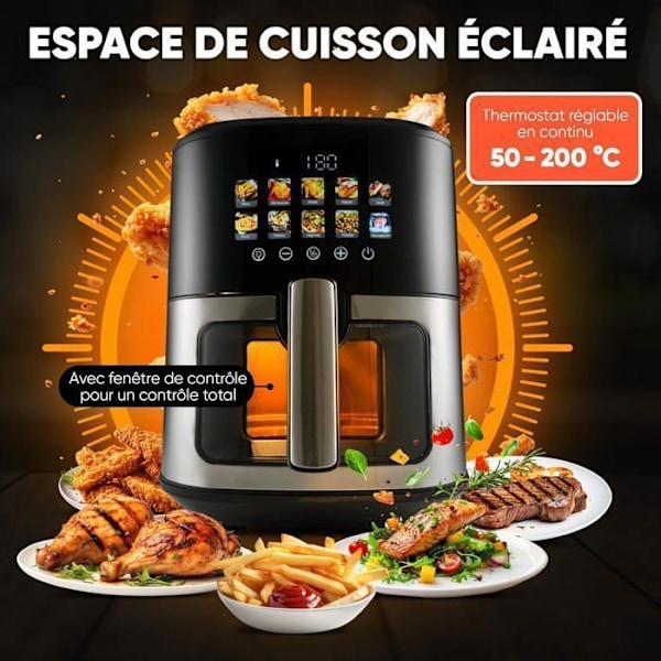Luftfriture, kapacitet 6,5 l, med termisk isoleret vindue, friture uden olie og uden fedt, 1700 W