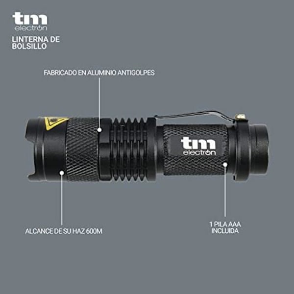 Taktinen taskulamppu - TM ELECTRON - XPE-Q5 - Erittäin kirkas LED - Vedenkestävä - Kantama 600 m Svart