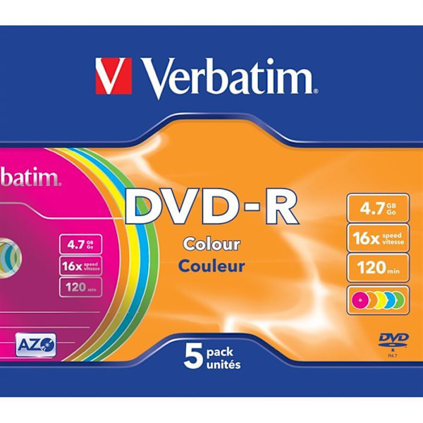 Verbatim DVD-R 16x - Pakke med 5 - Slankt etui - 4,7 GB - Farve
