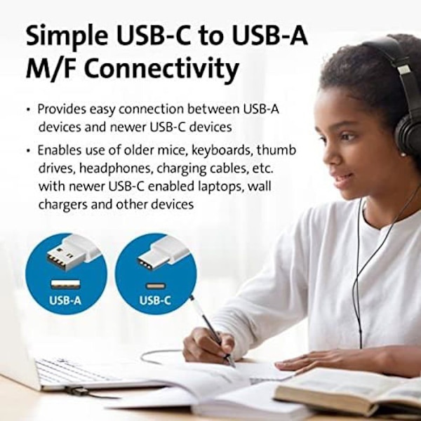 USB-C - USB-A - KENSINGTON - CA1010 - Plug & Play - Siirto 5 Gbit/s - Nopea lataus 5V/3A