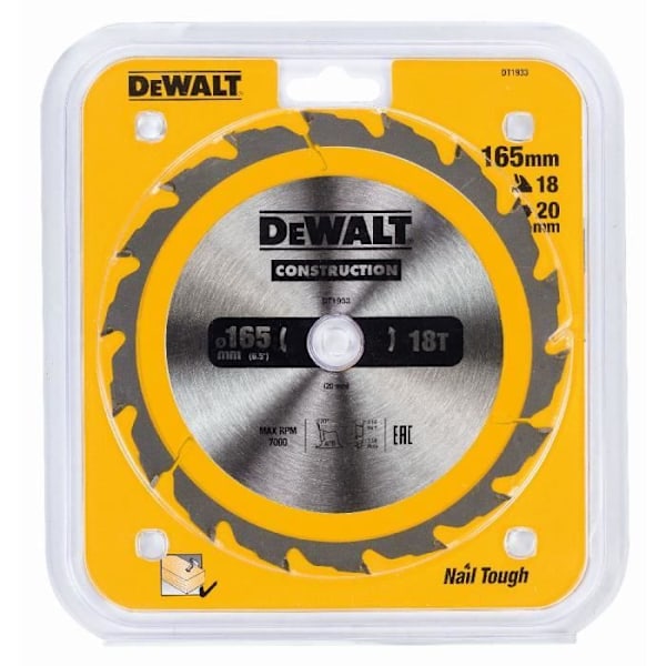 Cirkelsavblad - DEWALT - DT1933-QZ - 165mm - 20mm - 18 tænder