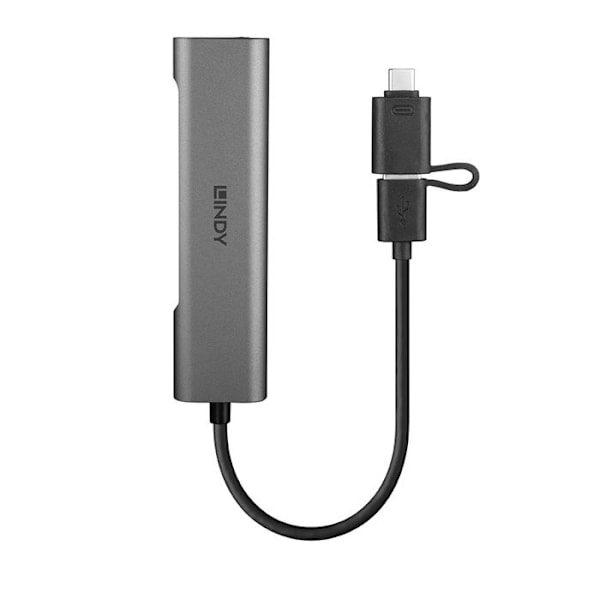 USB 3.0 Hub - LINDY - 43379 - 3 portar - Gigabit Ethernet-konverter - Grå