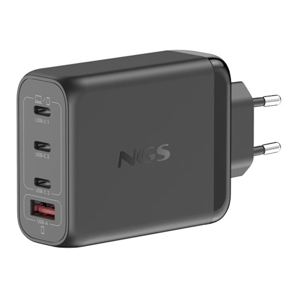 NGS BUD 140W: Universell väggladdare 140W med 4 portar: 3 USB-C + 1 USB-A. Snabb och säker laddning. Samtidig laddning.