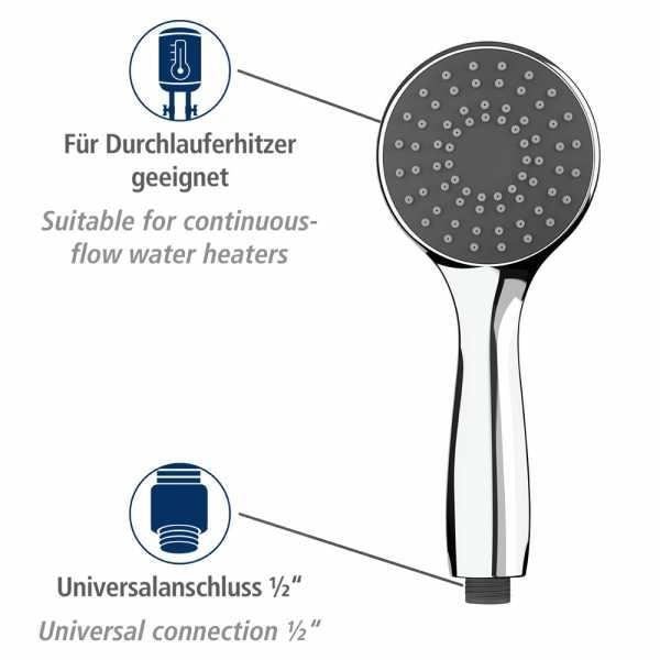 WENKO Vandbesparende brusehoved, 40% vandbesparelse, universelt mundstykke 1/2", plastik, ø9,6 cm, forkromet - grå