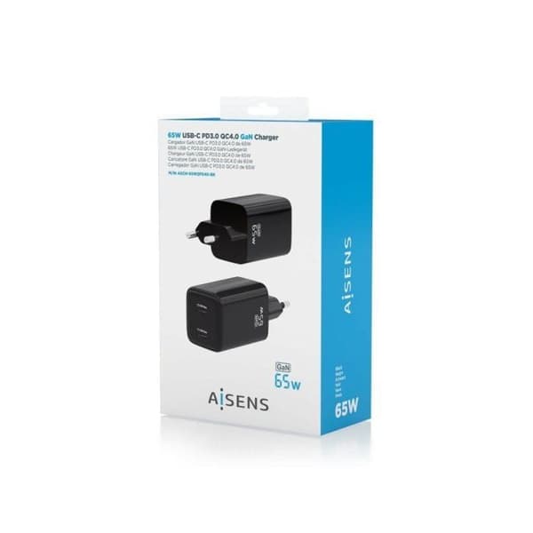CARGADOR AISENS GAN 65W 2XUSB-C PD3.0 QC4.0 MUSTA