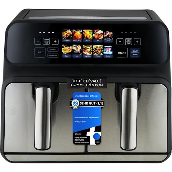 Dobbelt luftfrituregryde 2200W 8 liter (2x4 L) PROFICOOK Sort, Rustfrit stål