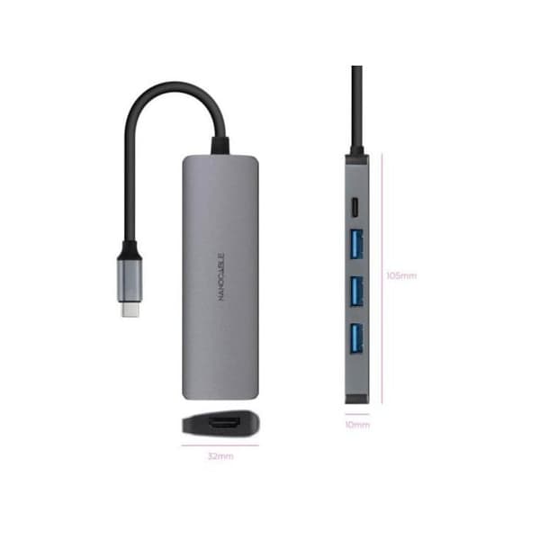 Docking - NANO CABLE - 10.16.4605 - 5 in 1 - USB-C 3.1 - HDMI 4K - Harmaa