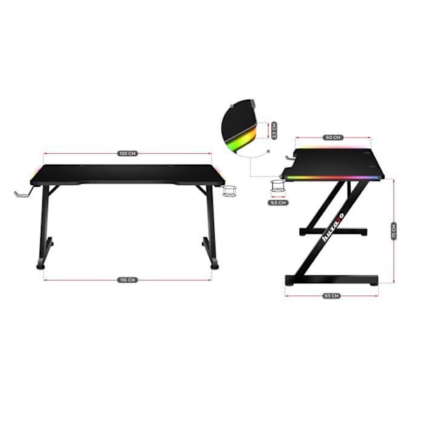 HUZARO HERO 2.5 LED RGB-spelbord, 120x60x75cm Dryckekorg, Hörlurskrok, PC-skrivbord, datorer, PC-spel svart