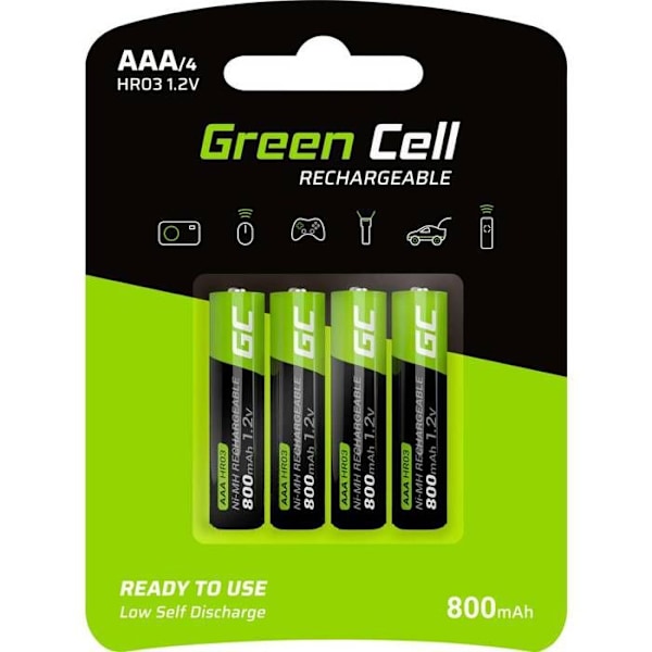 Green Cell 800mAh 1,2V Paket med 4 Ni-MH uppladdningsbara batterier Typ AAA, förladdade, mikrobatteri, HR03-batteri, låg självurladdning