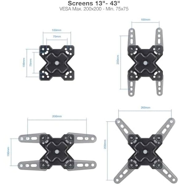 TOOQ LP1345TN-B - Väggfäste, lutande och roterande för 13"-43" skärmar, vridbar, upp till 20 kg vikt, kompatibel med skärmar