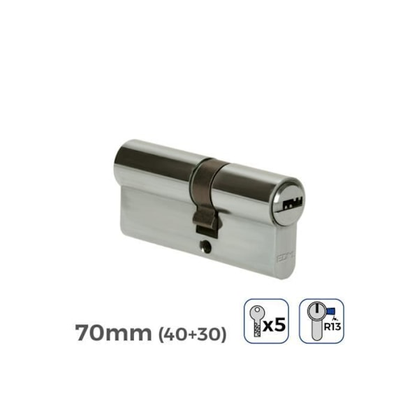 Nikkel dørcylinder 70mm (40+30mm) med 5 sikkerhedsnøgler inkluderet - GENERISK Nickel