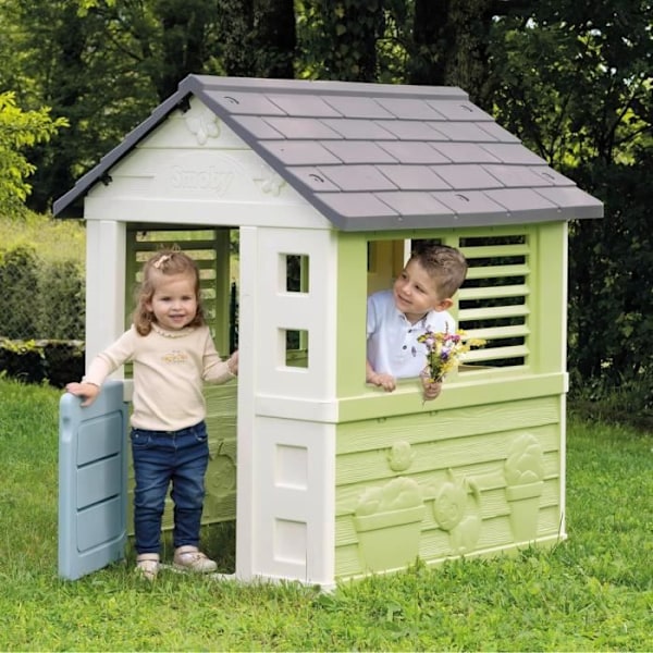 Smoby Life - Skøn Hjem - Moderne Design - Port i, Vinduer med Persienner - Genbrugsmateriale - Fra 2 år Vitt, grönt och blått