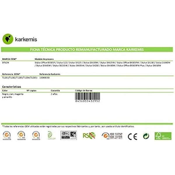 Multipak 4 PATRONER AF Tinta KARKEMIS RECICLADO EPSON T1281/T1282/T1283/T1284 (T1285) REM