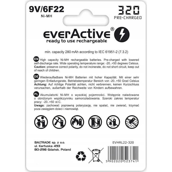 6F22 / 9V Ni-MH 320mAh EverActive genopladeligt batteri hvid