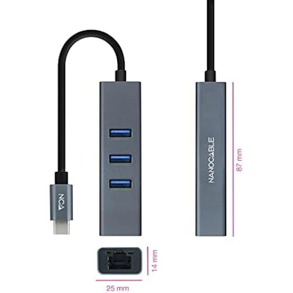 NANOCABLE 10.03.0408 - USB-C til Gigabit Ethernet + 3XUSB 3.0 konverter, aluminium, grå, 15 cm Grå