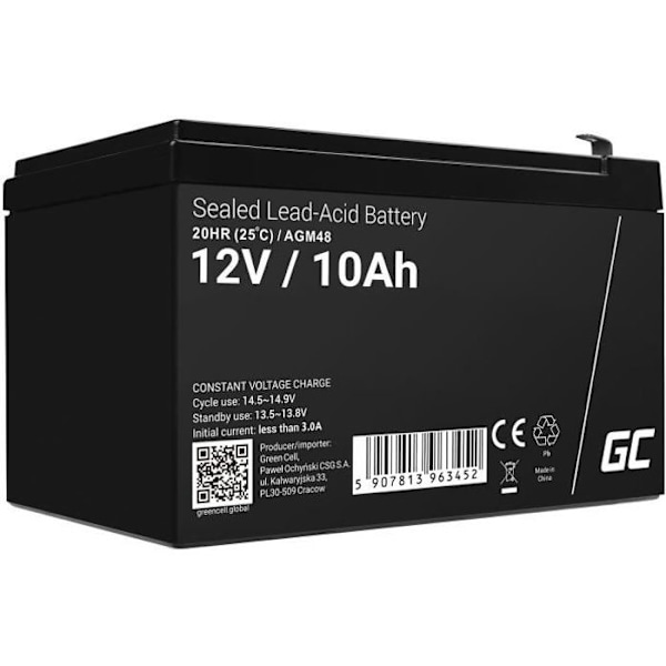 AGM batteri - GreenCell - 12V 10Ah - Vandtæt - Vedligeholdelsesfri - Stødsikker SVART