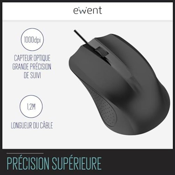 Ewent EW3300 - USB-kablet optisk mus 3 knapper, 1000 DPI, Ergonomisk design, Ambidextrous, PC/Mac/Laptop/Chromebook - Sort