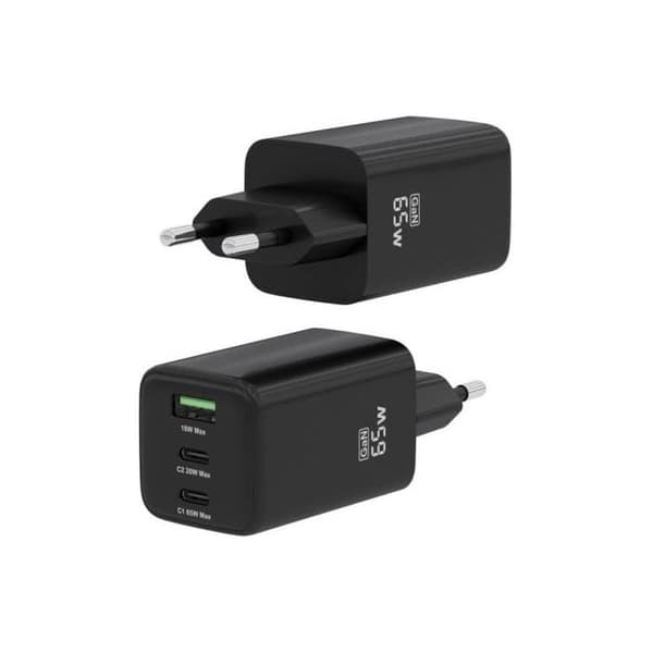 Aisens ASCH-65W3P042-BK Laddare GaN 65W 2xUSB-C PD3.0 QC4.0 1xUSB-A QC3.0 Svart