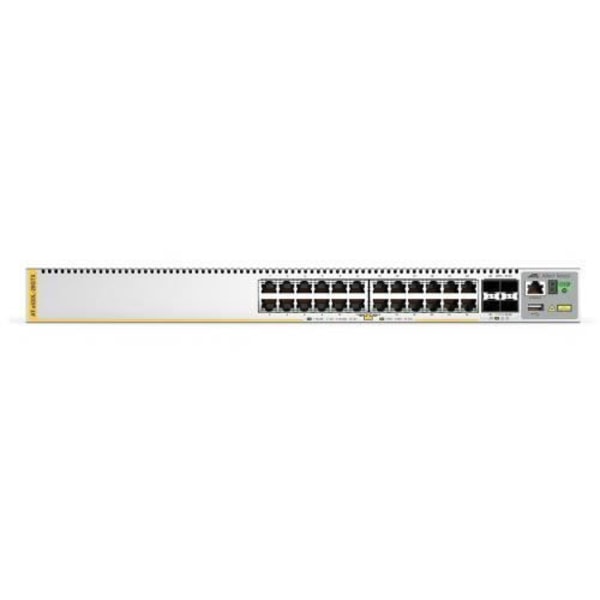 24-porttinen 10/100/1000T pinottava kytkin, jossa on 4 SFP+-porttia ja 2 kiinteää virtalähdettä.