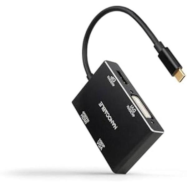 NANOCABLE 10.16.4307 - USB-C han til HDMI + DVI + DisplayPort + VGA-konverter, sort farve, 10 cm