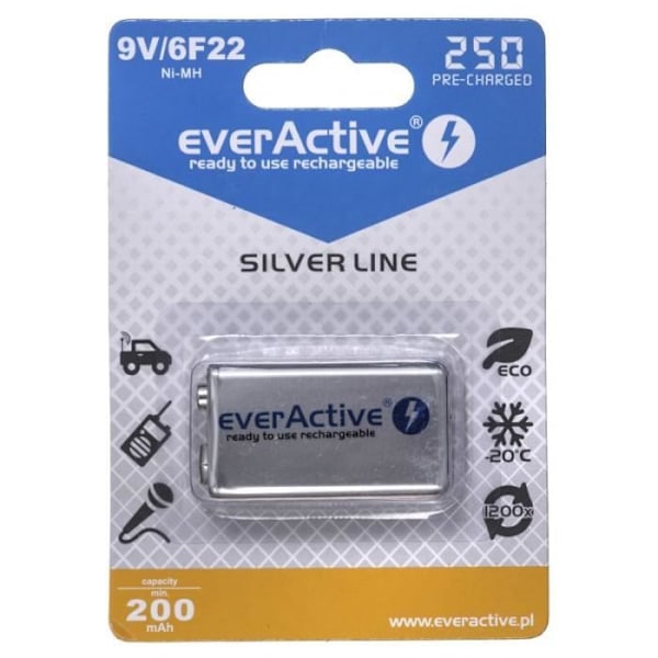 everActive Silver Line 250 mAh 9 V (F22) NiMH ladattava akku - EVHRL22-250