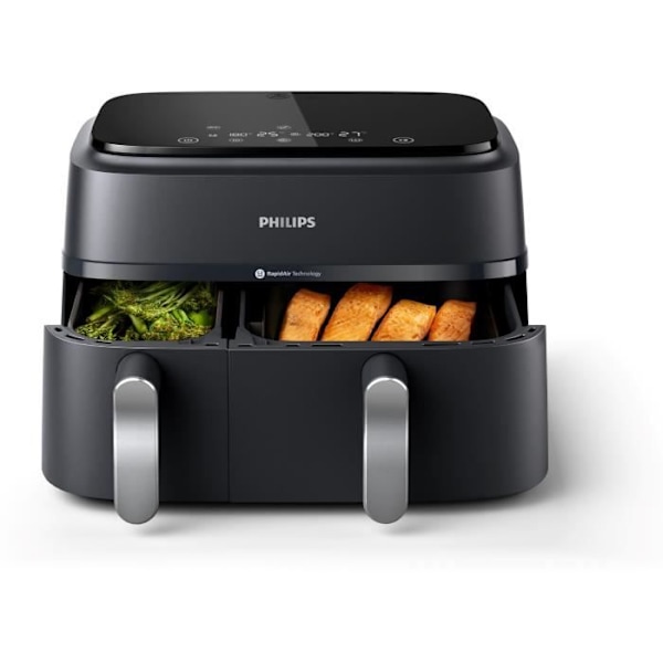 Fritøsefritter PHILIPS - Airfryer NA351/00 - Dobbelt beholder 9L - 8 tilberedningsprogrammer - 2750W Sort, Sølv