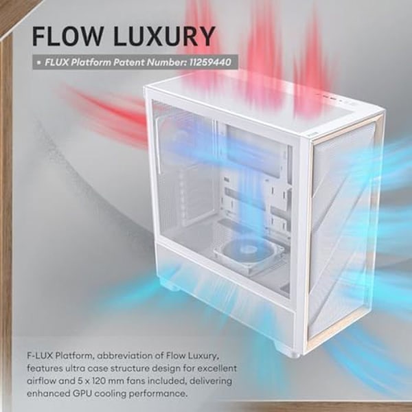Antec Flux Wood White, 5 PWM-tuulettajaa mukana, etupaneeli korkeaan ilmavirtaan koivuviilusta, tyyppi C, 420 radiatori