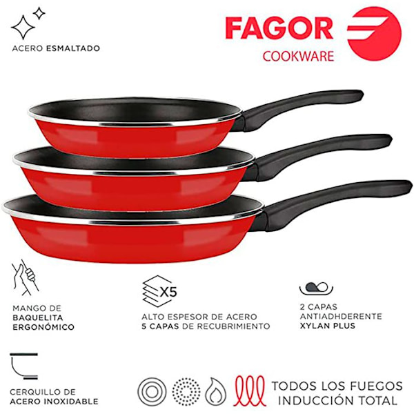 Induktionsstekpanna Set 20-24-28 cm Emaljerat Stål, Non-stick utan PFOA FAGOR Optimax Röd 01366 Röd