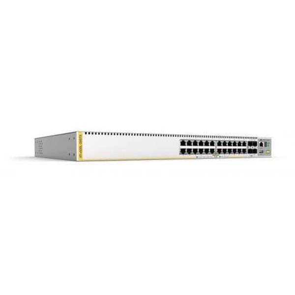24-porttinen 10/100/1000T pinottava kytkin, jossa on 4 SFP+-porttia ja 2 kiinteää virtalähdettä.