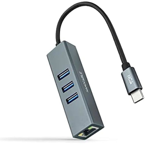 NANOCABLE 10.03.0408 - USB-C till Gigabit Ethernet + 3XUSB 3.0-omvandlare, aluminium, grå, 15 cm Grå