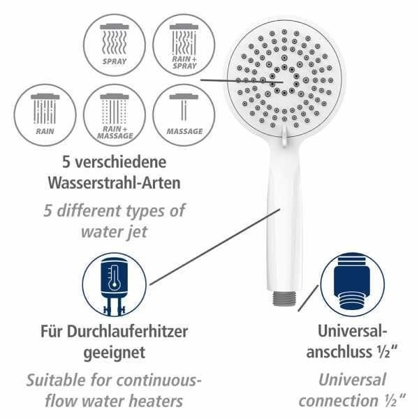 WENKO Young 5-jet brusehoved, rengøringsvenlig, 1/2" universaltilslutning, plast, ø 11 cm, hvid