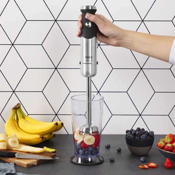 Princess 221221 stavblender - 1000 Watt - 4 knive - 25 cm rustfrit stålbund og Soft Touch håndtag - Med målebæger