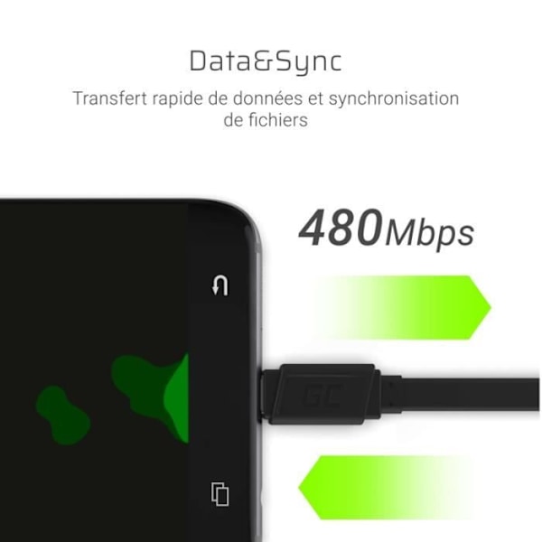 USB-C-kabel - GCmatte - 25 cm - Hurtigopladning QC 3.0 - Sort - Holdbar