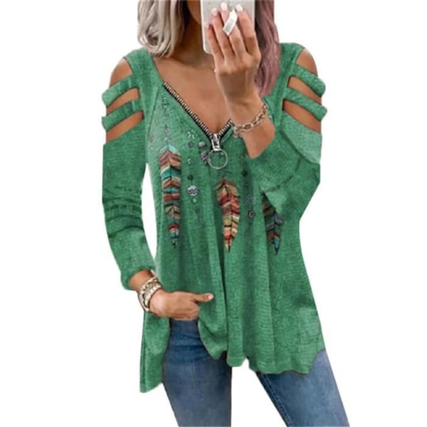 Axelbandslös blommig blus - Märke - Modell - V-ringad - Lös fåll - Retro tunika - Grön leopard Grön XXXL