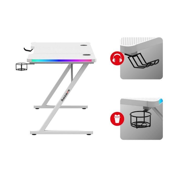 Bureau gaming HUZARO HERO 2.5 LED RGB Vit, 120x60x75cm Dryckeshållare, Hörlurskrok, PC-bord, Databehandling, Speldator Vit