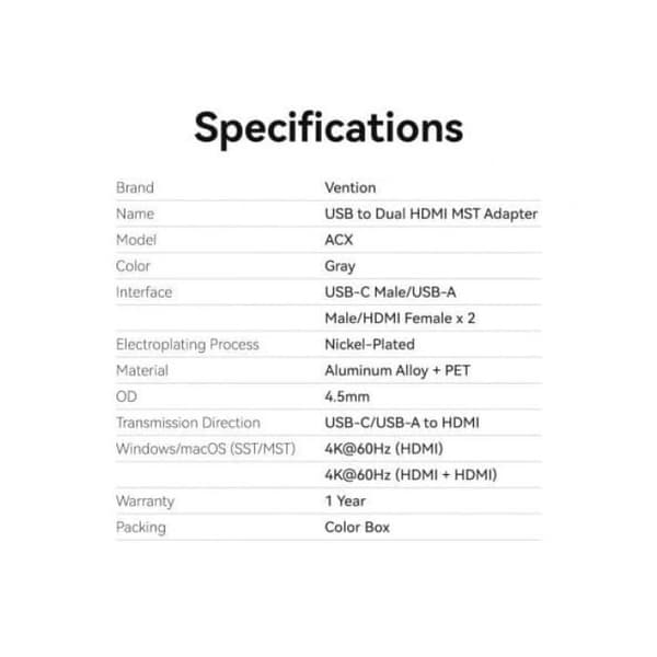 Vention ACXHB USB-C/USB-A 2x HDMI 4K 60Hz 15cm Harmaa DisplayLink