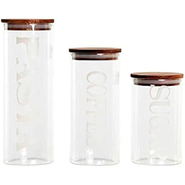 Set med 3 burkar - DKD Heminredning - Acaciaträ och borosilikatglas - Klart - 4" x 4" x 11" transparent