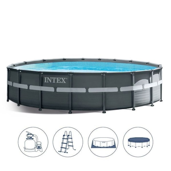 INTEX overjordisk rørformet swimmingpool - 488 x h122 cm - Sandfilter - Stige - Dækmåtte Mörkgrå