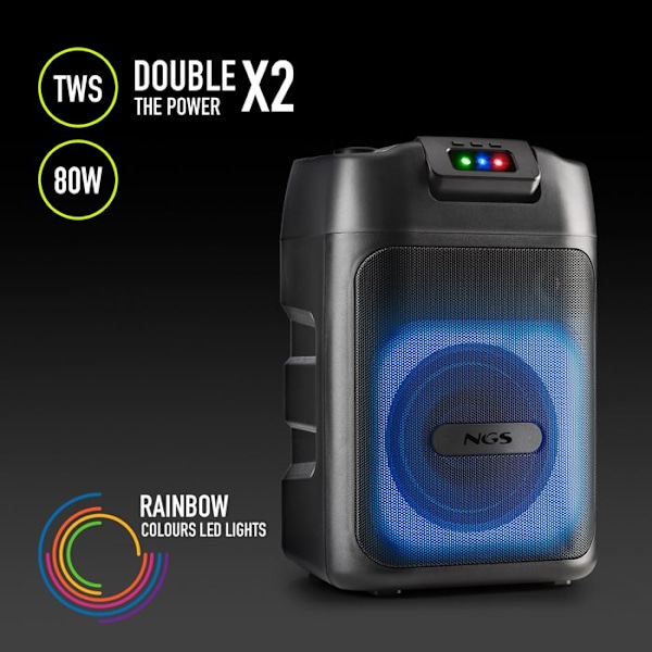 NGS Wild Club – Bärbar Bluetooth-högtalare, 80W ström, TWS, laserljus, dubbla mikrofoningång, USB/AUX/TF-port Svart