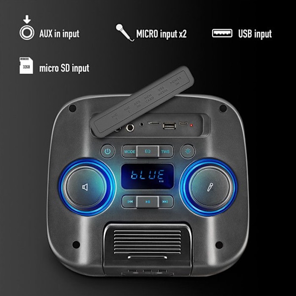NGS Wild Club – Bärbar Bluetooth-högtalare, 80W ström, TWS, laserljus, dubbla mikrofoningång, USB/AUX/TF-port Svart