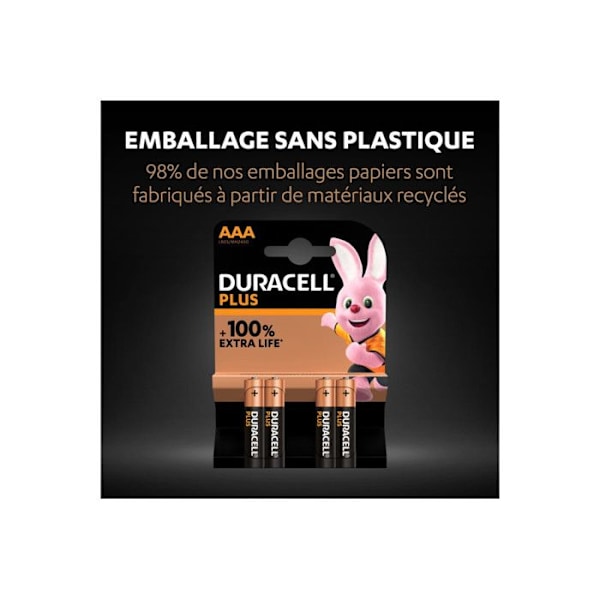 4 alkaliske batterier Plus 100 % LR03/AAA (1,5V) DURACELL