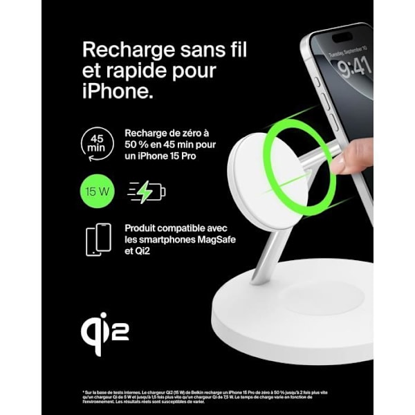 3-in-1 Latausasema - Belkin - BoostCharge - Qi2 - MagSafe - Valkoinen Vit