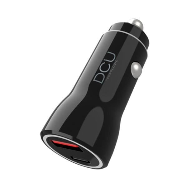 Billaddare för DCU cigarettändaruttag, dubbel 18W snabbladdning, USB-A och USB-C anslutning. Svart